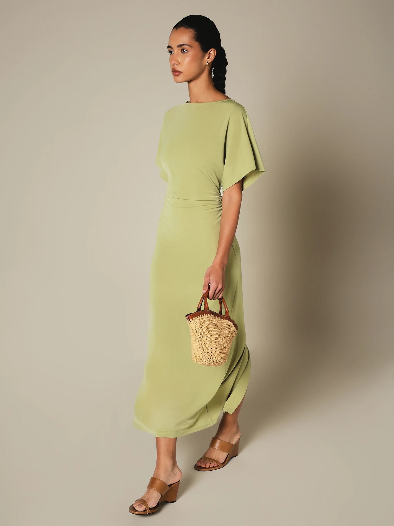 KSTM Bateau Neck Midi Dress With Dolman Sleeves, Ruched Waist Detail, And Back Slit- Spring Summer