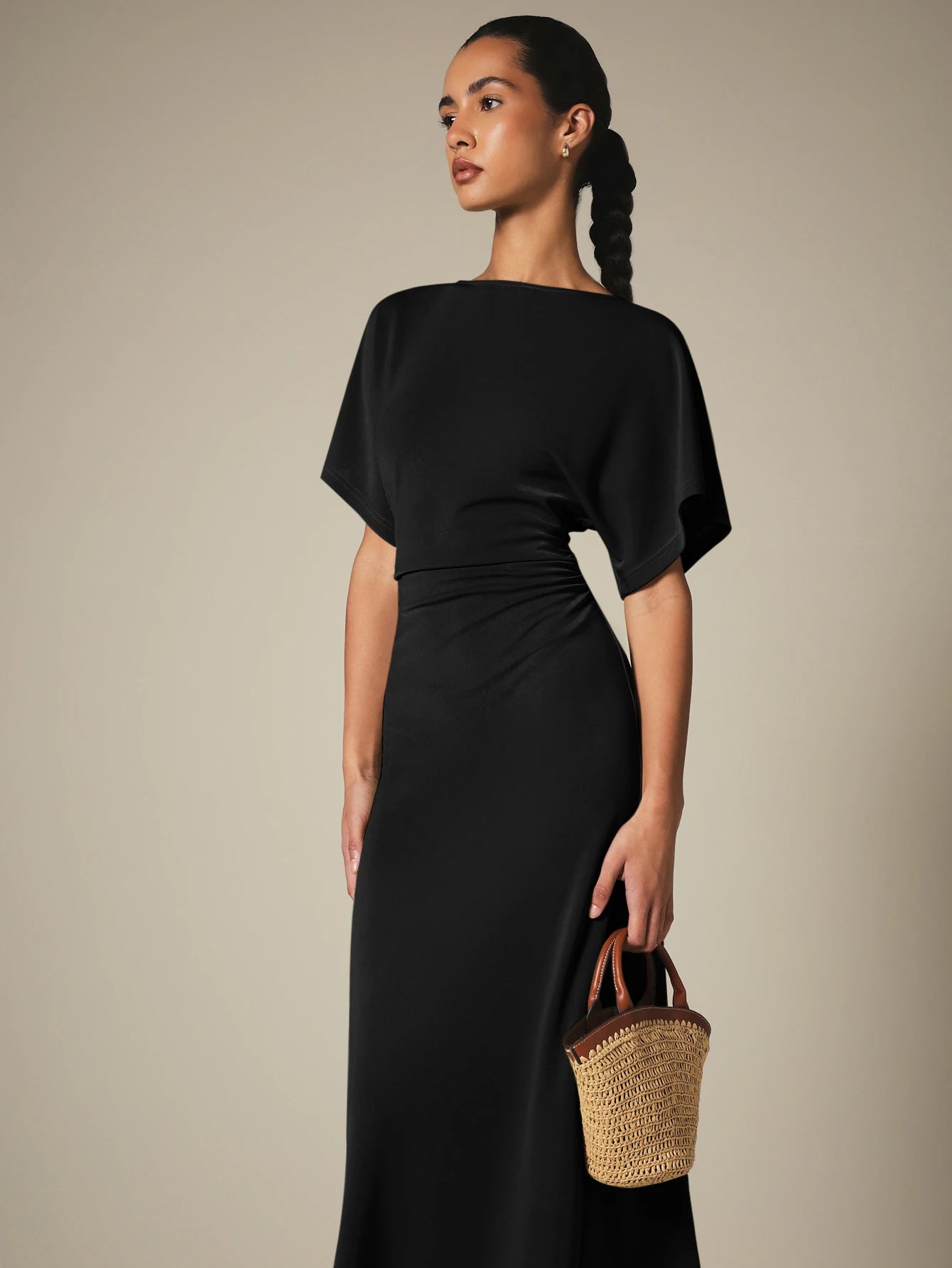 KSTM Bateau Neck Midi Dress With Dolman Sleeves, Ruched Waist Detail, And Back Slit- Spring Summer