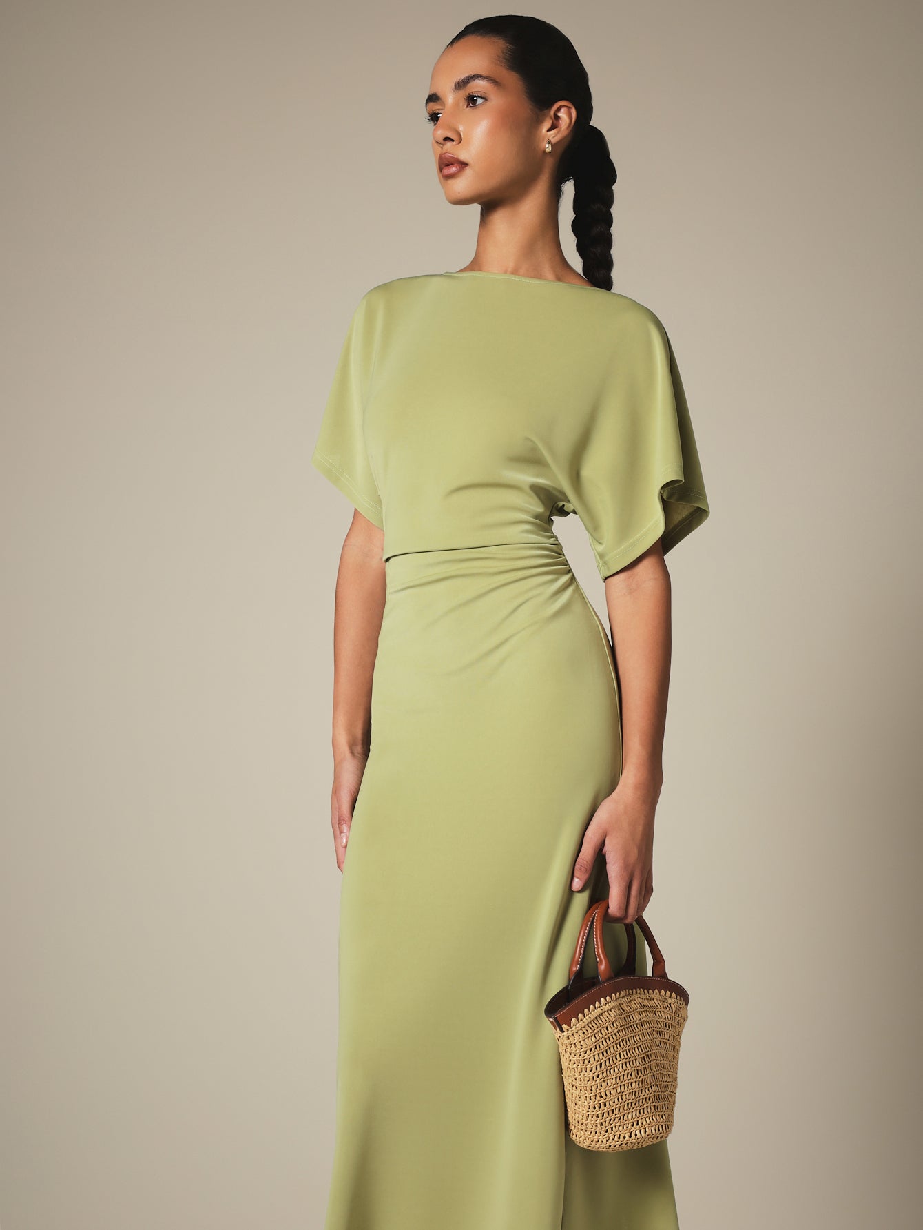 KSTM Bateau Neck Midi Dress With Dolman Sleeves, Ruched Waist Detail, And Back Slit- Spring Summer
