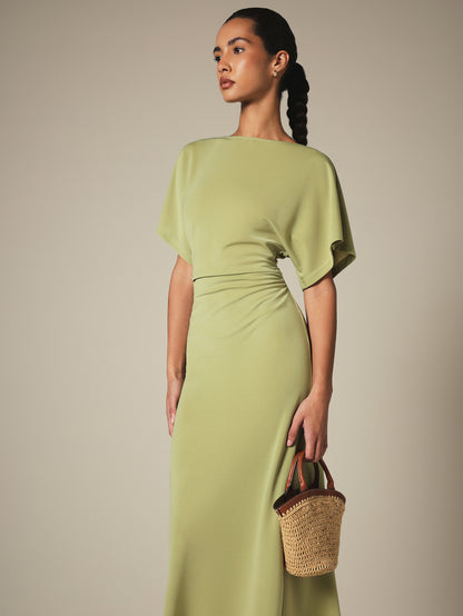 KSTM Bateau Neck Midi Dress With Dolman Sleeves, Ruched Waist Detail, And Back Slit- Spring Summer