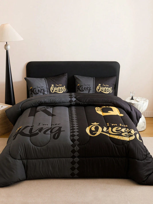 KTABEDDING 3PCS Super Soft Breathable Black Grey Color Blocking Crown Letter Thickening Quilt Set (1 Comforter +2 Pillowcases Without Pillow Core), Contains Padding 180gsm Quilting Soft Ventilate Digi