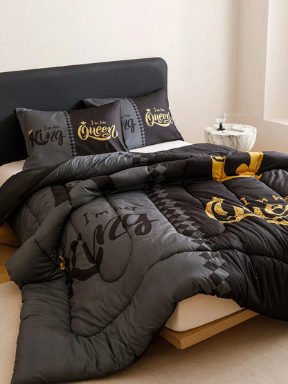 KTABEDDING 3PCS Super Soft Breathable Black Grey Color Blocking Crown Letter Thickening Quilt Set (1 Comforter +2 Pillowcases Without Pillow Core), Contains Padding 180gsm Quilting Soft Ventilate Digi
