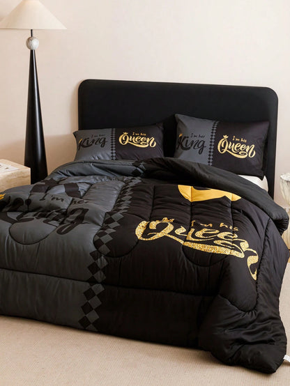 KTABEDDING 3PCS Super Soft Breathable Black Grey Color Blocking Crown Letter Thickening Quilt Set (1 Comforter +2 Pillowcases Without Pillow Core), Contains Padding 180gsm Quilting Soft Ventilate Digi