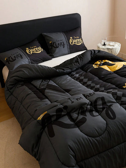 KTABEDDING 3PCS Super Soft Breathable Black Grey Color Blocking Crown Letter Thickening Quilt Set (1 Comforter +2 Pillowcases Without Pillow Core), Contains Padding 180gsm Quilting Soft Ventilate Digi