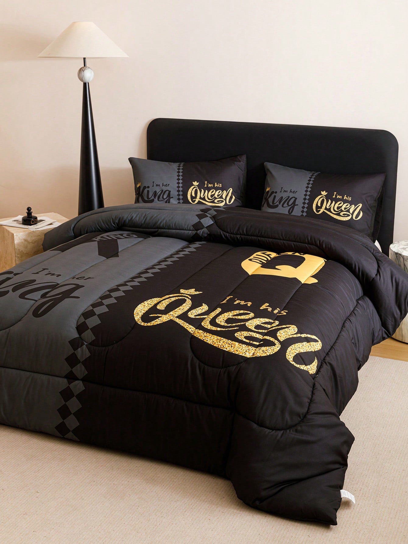 KTABEDDING 3PCS Super Soft Breathable Black Grey Color Blocking Crown Letter Thickening Quilt Set (1 Comforter +2 Pillowcases Without Pillow Core), Contains Padding 180gsm Quilting Soft Ventilate Digi