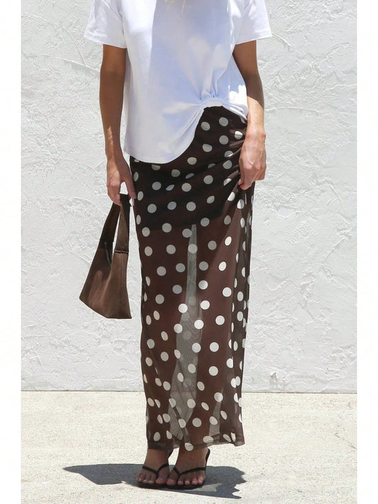 KZKZWK 2026 Women's Sheer Mesh Maxi Skirt, Polka Dot & Striped Print, Elastic Waist A-Line Cover-Up, Casual & Versatile Long Skirt For Beach, Vacation & Dail