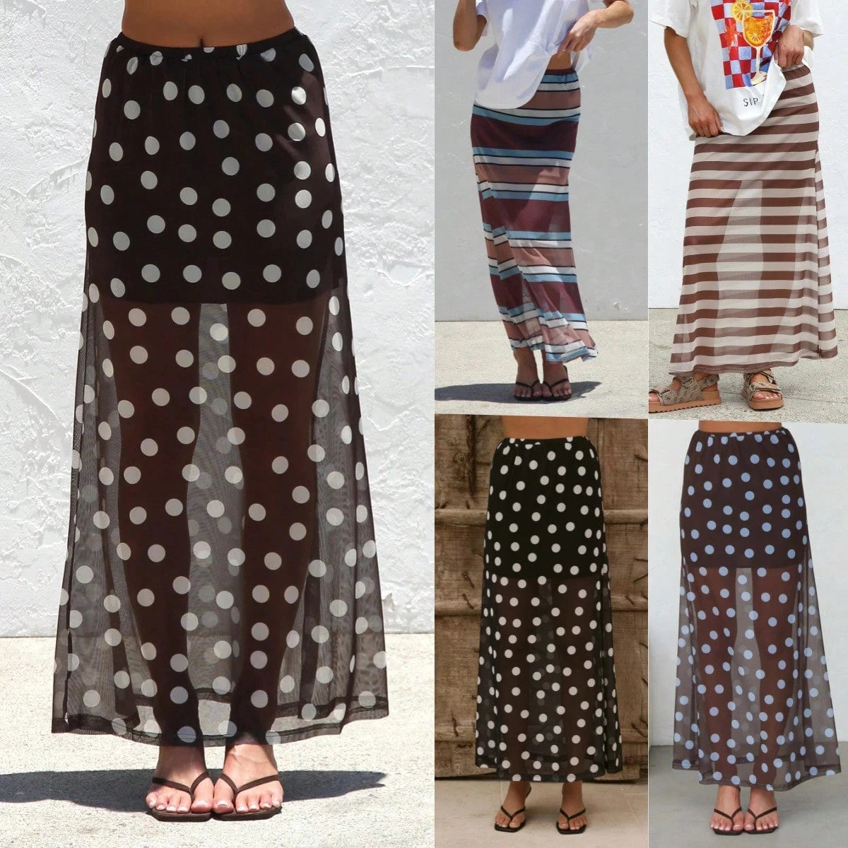 KZKZWK 2026 Women's Sheer Mesh Maxi Skirt, Polka Dot & Striped Print, Elastic Waist A-Line Cover-Up, Casual & Versatile Long Skirt For Beach, Vacation & Dail