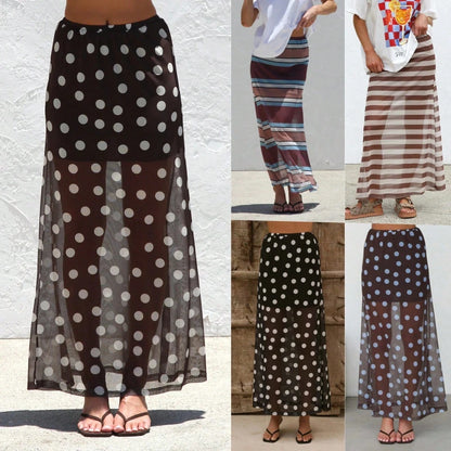 KZKZWK 2026 Women's Sheer Mesh Maxi Skirt, Polka Dot & Striped Print, Elastic Waist A-Line Cover-Up, Casual & Versatile Long Skirt For Beach, Vacation & Dail