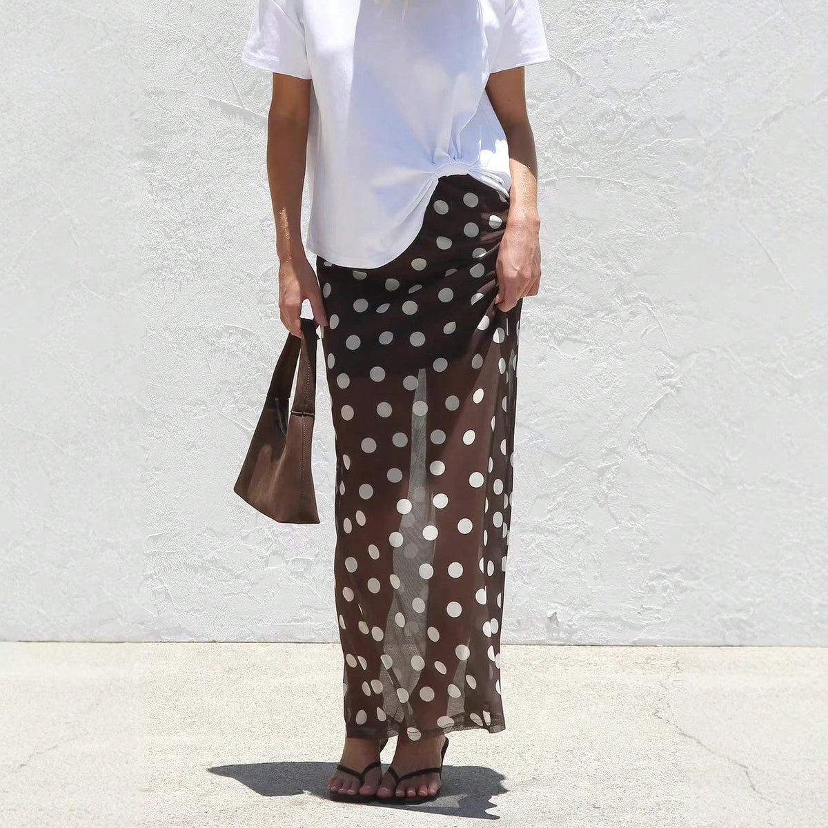 KZKZWK 2026 Women's Sheer Mesh Maxi Skirt, Polka Dot & Striped Print, Elastic Waist A-Line Cover-Up, Casual & Versatile Long Skirt For Beach, Vacation & Dail