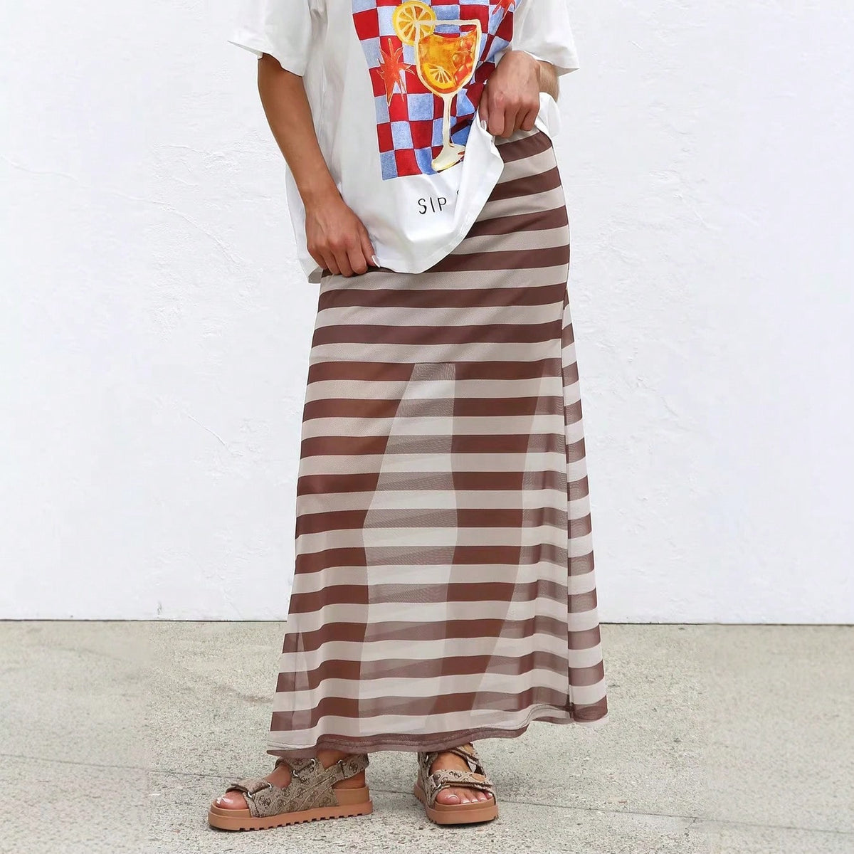 KZKZWK 2026 Women's Sheer Mesh Maxi Skirt, Polka Dot & Striped Print, Elastic Waist A-Line Cover-Up, Casual & Versatile Long Skirt For Beach, Vacation & Dail