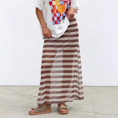 KZKZWK 2026 Women's Sheer Mesh Maxi Skirt, Polka Dot & Striped Print, Elastic Waist A-Line Cover-Up, Casual & Versatile Long Skirt For Beach, Vacation & Dail