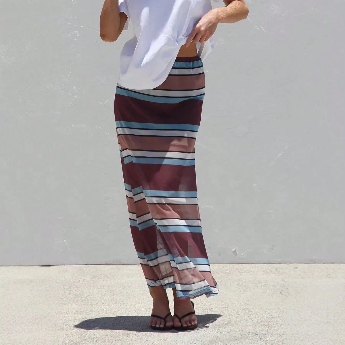 KZKZWK 2026 Women's Sheer Mesh Maxi Skirt, Polka Dot & Striped Print, Elastic Waist A-Line Cover-Up, Casual & Versatile Long Skirt For Beach, Vacation & Dail