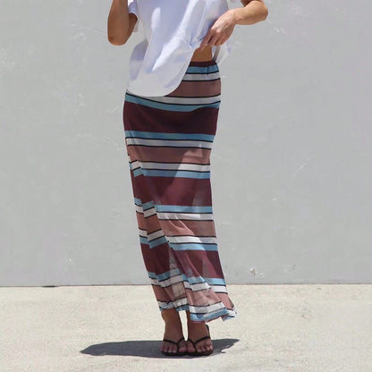 KZKZWK 2026 Women's Sheer Mesh Maxi Skirt, Polka Dot & Striped Print, Elastic Waist A-Line Cover-Up, Casual & Versatile Long Skirt For Beach, Vacation & Dail