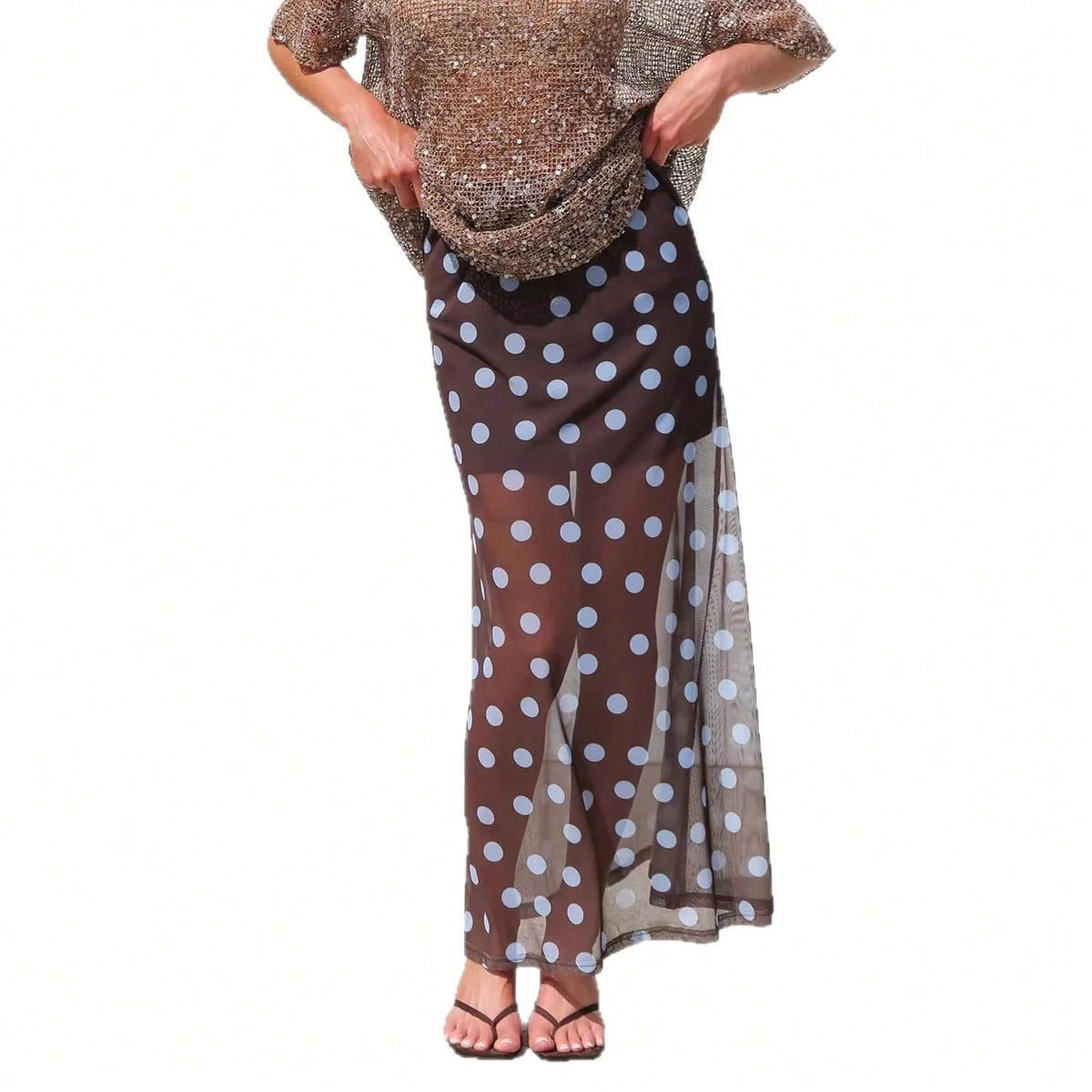 KZKZWK 2026 Women's Sheer Mesh Maxi Skirt, Polka Dot & Striped Print, Elastic Waist A-Line Cover-Up, Casual & Versatile Long Skirt For Beach, Vacation & Dail