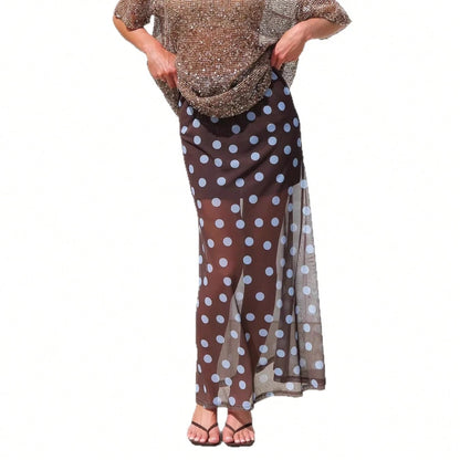 KZKZWK 2026 Women's Sheer Mesh Maxi Skirt, Polka Dot & Striped Print, Elastic Waist A-Line Cover-Up, Casual & Versatile Long Skirt For Beach, Vacation & Dail