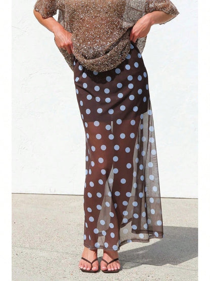 KZKZWK 2026 Women's Sheer Mesh Maxi Skirt, Polka Dot & Striped Print, Elastic Waist A-Line Cover-Up, Casual & Versatile Long Skirt For Beach, Vacation & Dail