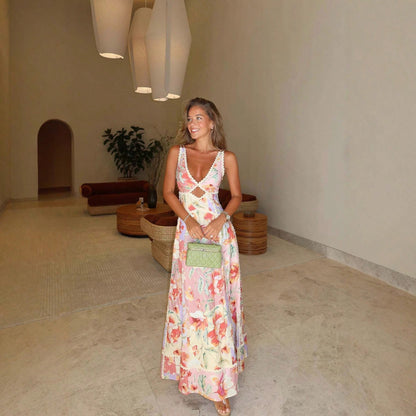 KZKZWK Women's Floral Print Maxi Dress, V-Neck Spaghetti Straps With Lace Trim & Cutout Detail For Beach & Vacation