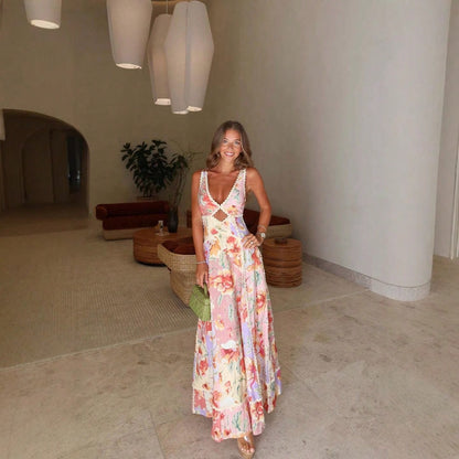 KZKZWK Women's Floral Print Maxi Dress, V-Neck Spaghetti Straps With Lace Trim & Cutout Detail For Beach & Vacation