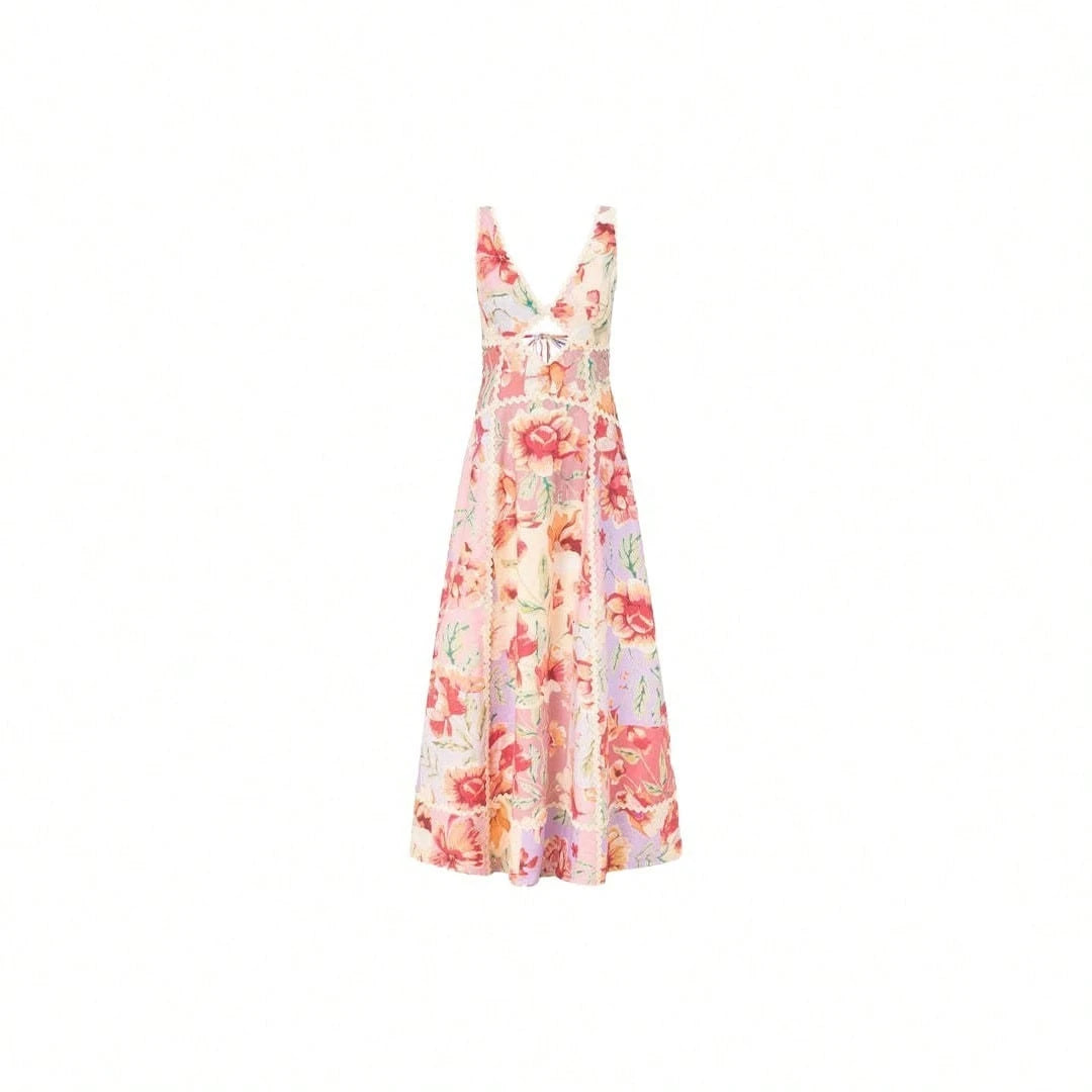 KZKZWK Women's Floral Print Maxi Dress, V-Neck Spaghetti Straps With Lace Trim & Cutout Detail For Beach & Vacation