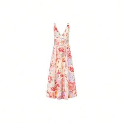 KZKZWK Women's Floral Print Maxi Dress, V-Neck Spaghetti Straps With Lace Trim & Cutout Detail For Beach & Vacation