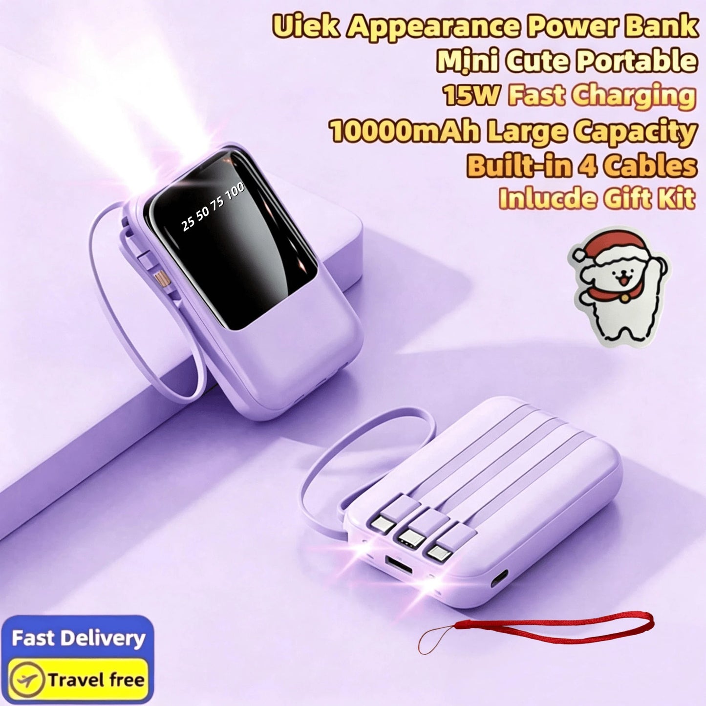 LADAPU This Mini Portable Power Bank Features A 10000mAh Capacity With A Built-In 4-In-1 Multifunction Cable.Mini Powerbank,Small Size, Big Power! Supporting 5W Slow Charging, It's Compact, Perfect F