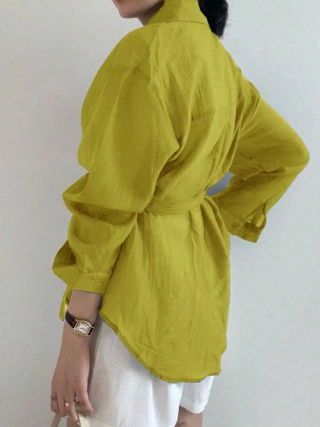 Ladies' Casual And Fashionable Simple Solid Color Shoulder Loose Wrapped Knotted Shirt For Spring And Autumn Styles,Lightweight, Slightly Translucent