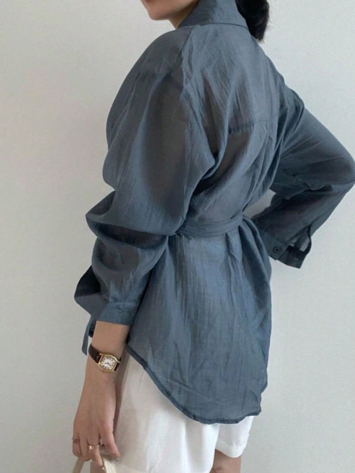 Ladies' Casual And Fashionable Simple Solid Color Shoulder Loose Wrapped Knotted Shirt For Spring And Autumn Styles,Lightweight, Slightly Translucent