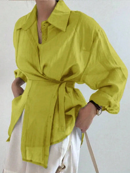 Ladies' Casual And Fashionable Simple Solid Color Shoulder Loose Wrapped Knotted Shirt For Spring And Autumn Styles,Lightweight, Slightly Translucent