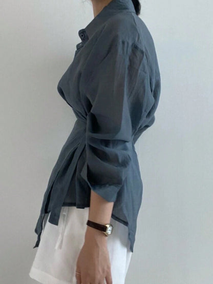 Ladies' Casual And Fashionable Simple Solid Color Shoulder Loose Wrapped Knotted Shirt For Spring And Autumn Styles,Lightweight, Slightly Translucent