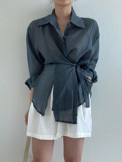 Ladies' Casual And Fashionable Simple Solid Color Shoulder Loose Wrapped Knotted Shirt For Spring And Autumn Styles,Lightweight, Slightly Translucent