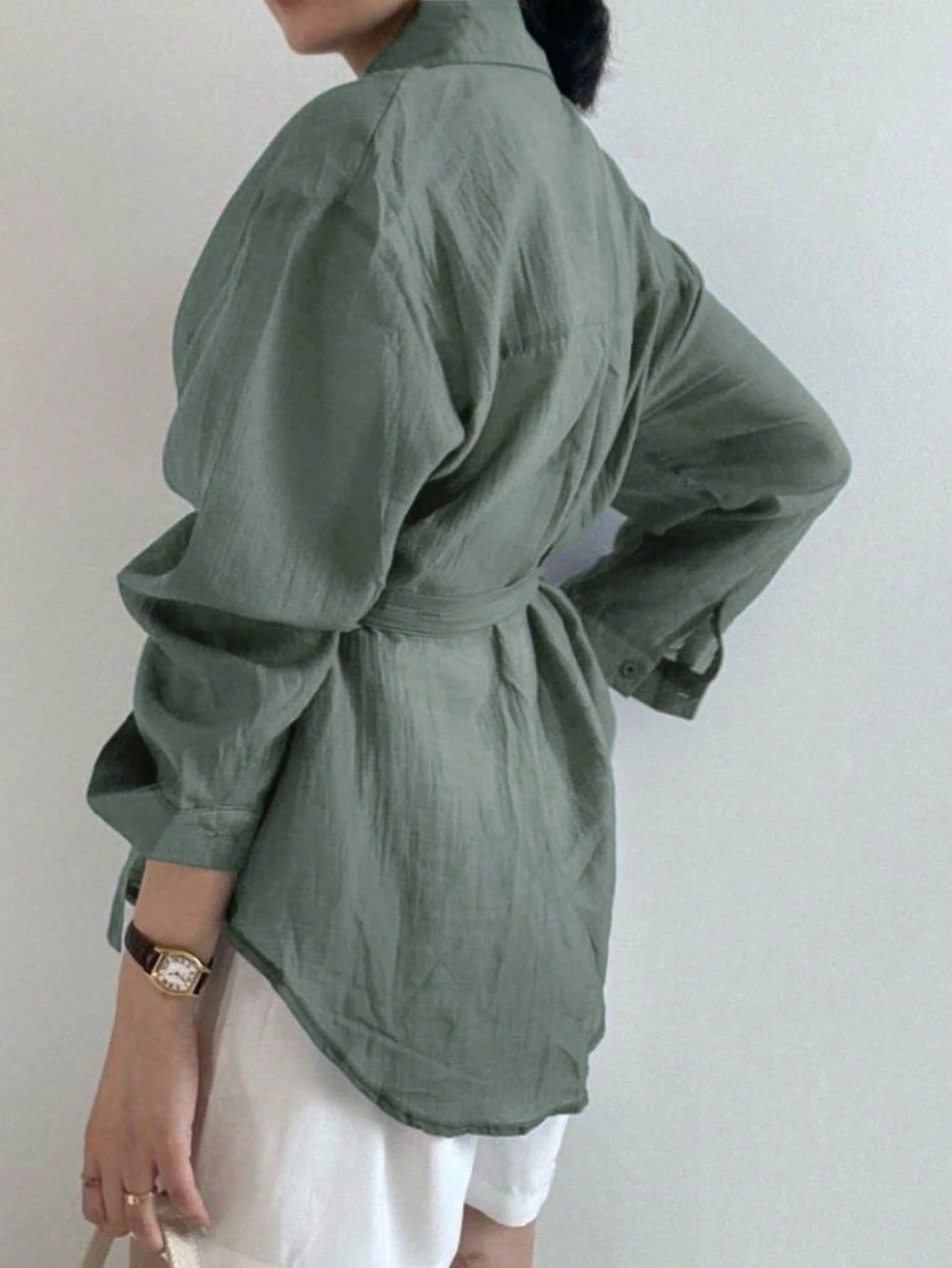 Ladies' Casual And Fashionable Simple Solid Color Shoulder Loose Wrapped Knotted Shirt For Spring And Autumn Styles,Lightweight, Slightly Translucent