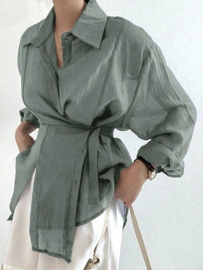 Ladies' Casual And Fashionable Simple Solid Color Shoulder Loose Wrapped Knotted Shirt For Spring And Autumn Styles,Lightweight, Slightly Translucent