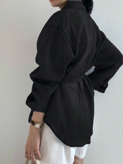 Ladies' Casual And Fashionable Simple Solid Color Shoulder Loose Wrapped Knotted Shirt For Spring And Autumn Styles,Lightweight, Slightly Translucent