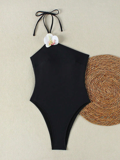 Ladies' One-Shoulder Three-Dimensional Floral Decorated Swimming Sexy Vacation Swimsuit For Beach Summer 2026, Elegant Ladies' Birthday Fitness Outfit
