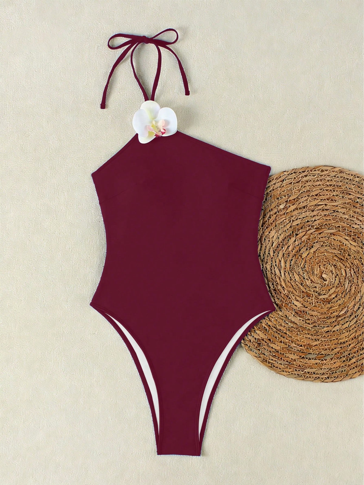 Ladies' One-Shoulder Three-Dimensional Floral Decorated Swimming Sexy Vacation Swimsuit For Beach Summer 2026, Elegant Ladies' Birthday Fitness Outfit