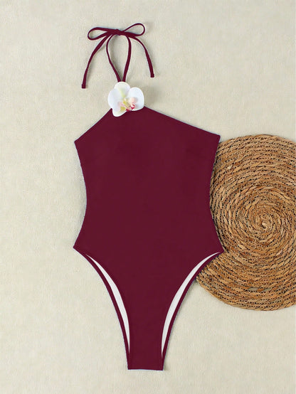 Ladies' One-Shoulder Three-Dimensional Floral Decorated Swimming Sexy Vacation Swimsuit For Beach Summer 2026, Elegant Ladies' Birthday Fitness Outfit