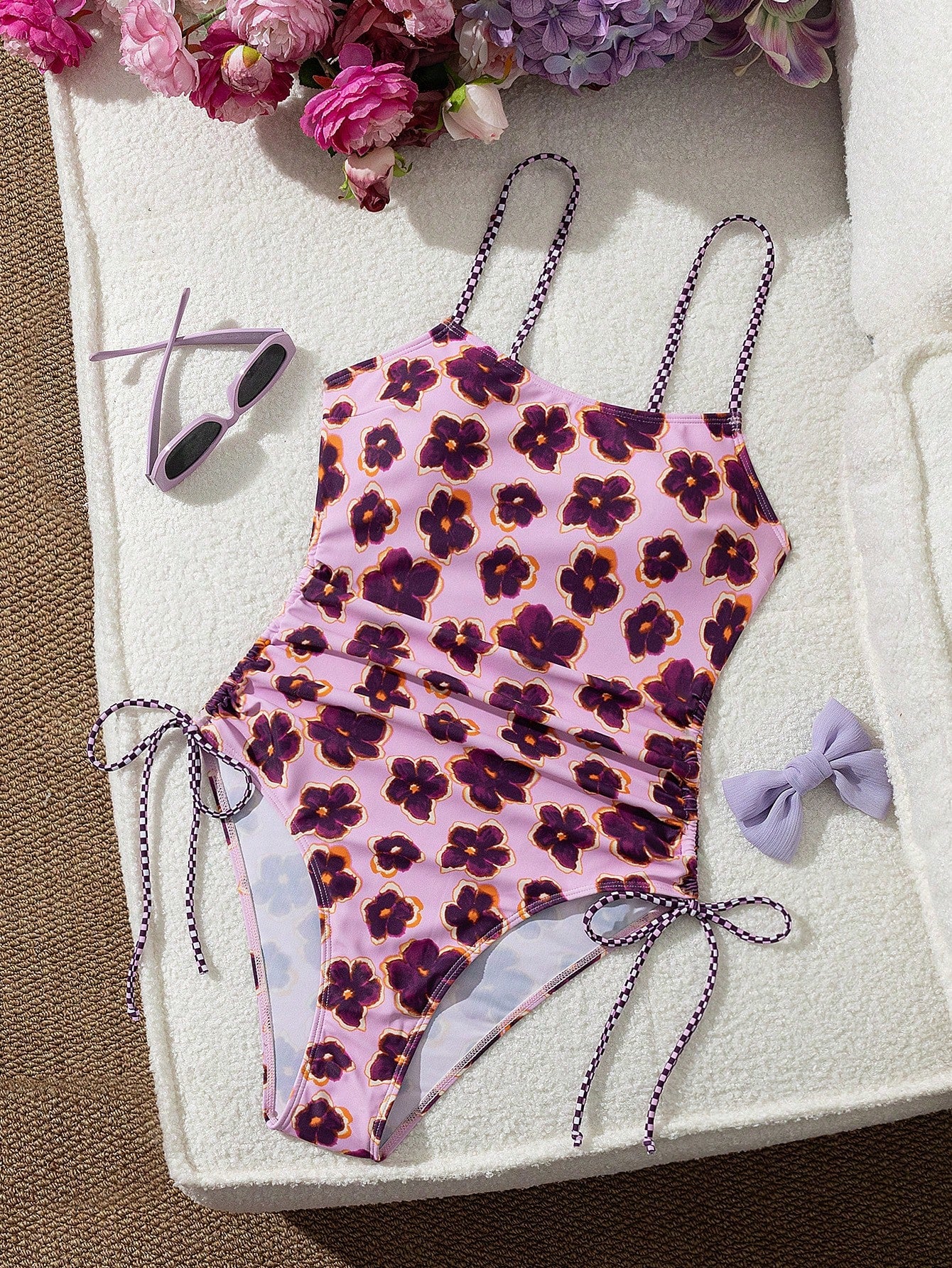 Ladies' Vacation Flower Paired With Checkered Printed Flat Chest One-Piece Swimsuit Suitable For Island Vacation Swimming Beach Summer