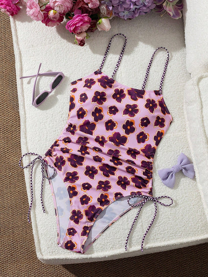 Ladies' Vacation Flower Paired With Checkered Printed Flat Chest One-Piece Swimsuit Suitable For Island Vacation Swimming Beach Summer