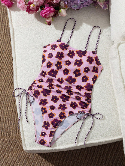 Ladies' Vacation Flower Paired With Checkered Printed Flat Chest One-Piece Swimsuit Suitable For Island Vacation Swimming Beach Summer