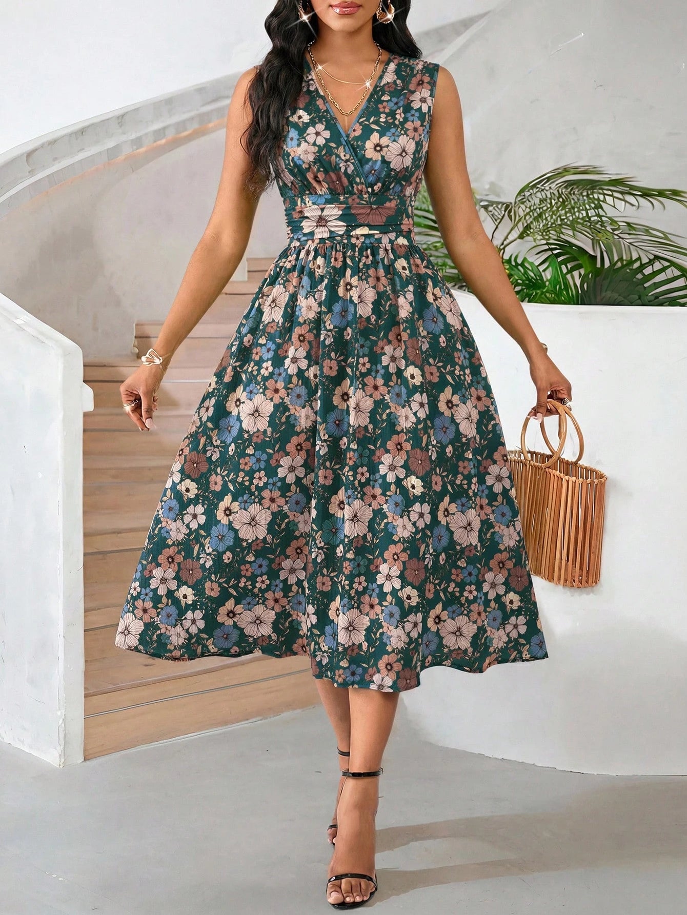 Lady Casual Boho Romantic Dark Green Women's Floral Sleeveless Midi Dress With V-Neckline Elegant High Waist A-Line Fit Perfect For Spring Summer Vacation