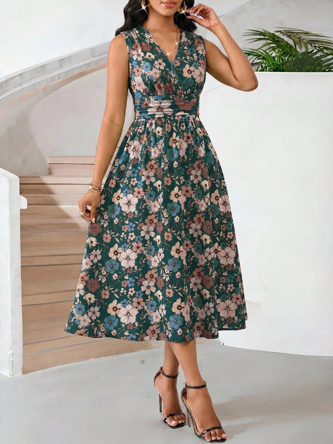 Lady Casual Boho Romantic Dark Green Women's Floral Sleeveless Midi Dress With V-Neckline Elegant High Waist A-Line Fit Perfect For Spring Summer Vacation