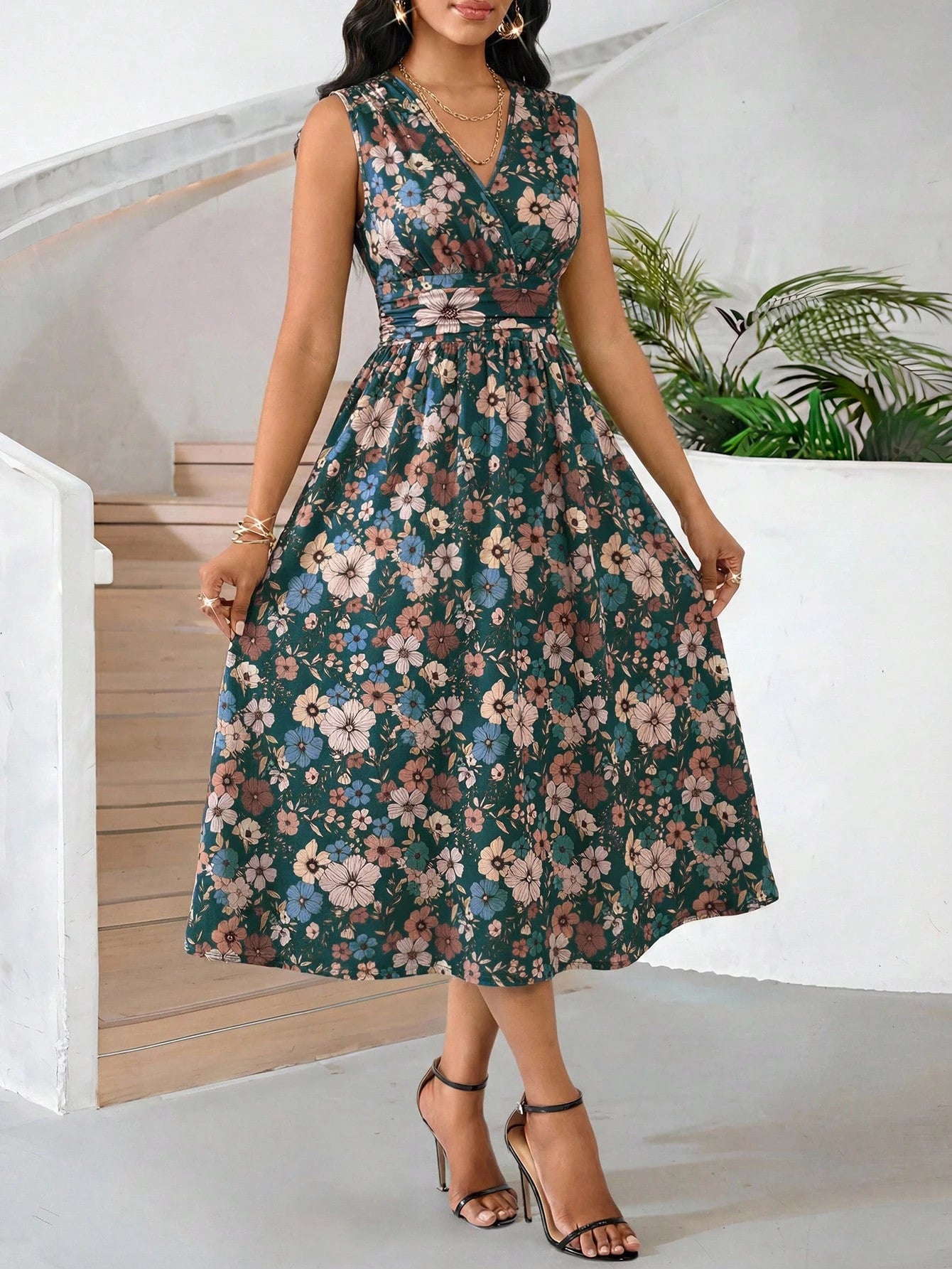 Lady Casual Boho Romantic Dark Green Women's Floral Sleeveless Midi Dress With V-Neckline Elegant High Waist A-Line Fit Perfect For Spring Summer Vacation
