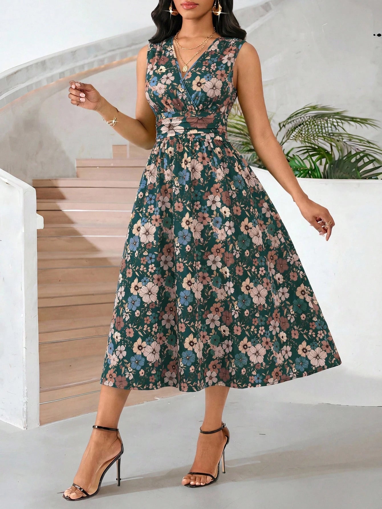 Lady Casual Boho Romantic Dark Green Women's Floral Sleeveless Midi Dress With V-Neckline Elegant High Waist A-Line Fit Perfect For Spring Summer Vacation