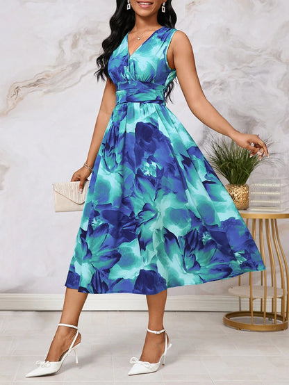 Lady Casual Boho Romantic Dark Green Women's Floral Sleeveless Midi Dress With V-Neckline Elegant High Waist A-Line Fit Perfect For Spring Summer Vacation