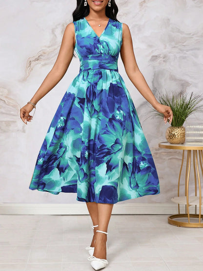Lady Casual Boho Romantic Dark Green Women's Floral Sleeveless Midi Dress With V-Neckline Elegant High Waist A-Line Fit Perfect For Spring Summer Vacation