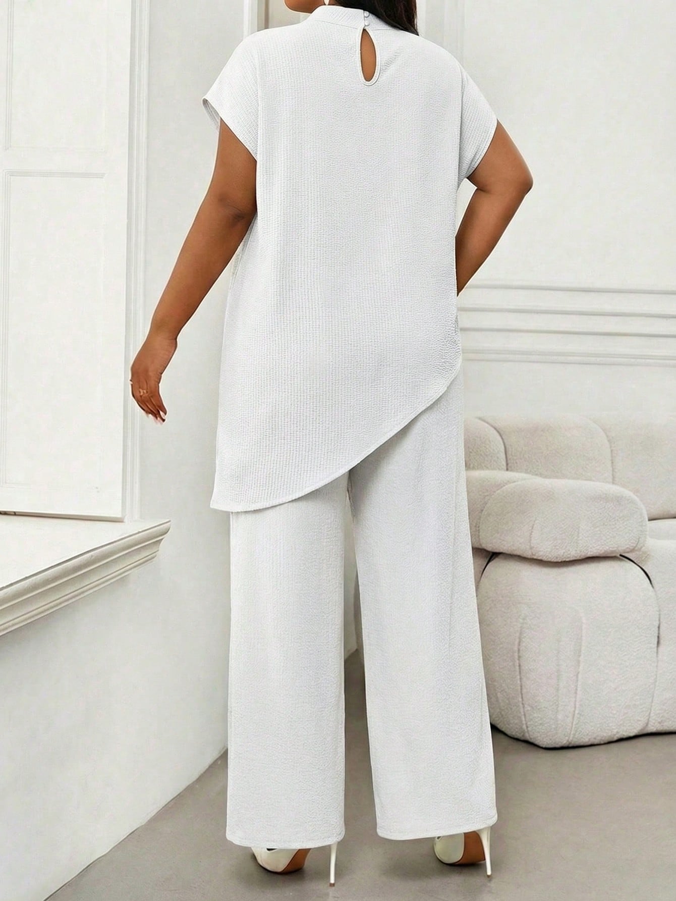 Lady Elegant Women's White Two Piece Ensemble Features Asymmetric Hem High Neck Top And Flowy Wide Leg Trousers For Modern Style Office Summer
