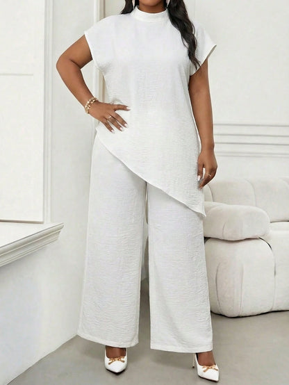Lady Elegant Women's White Two Piece Ensemble Features Asymmetric Hem High Neck Top And Flowy Wide Leg Trousers For Modern Style Office Summer