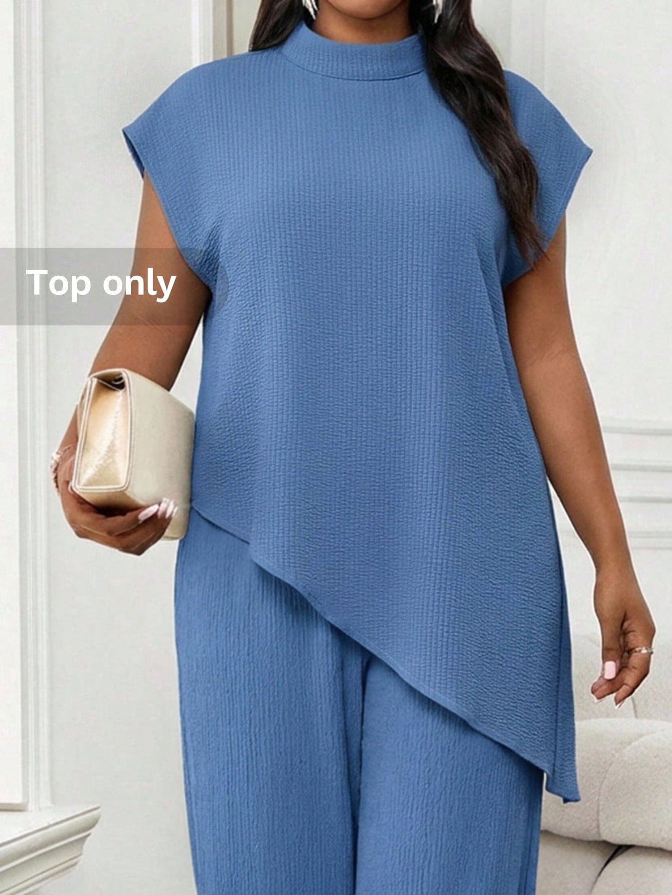 Lady Elegant Women's White Two Piece Ensemble Features Asymmetric Hem High Neck Top And Flowy Wide Leg Trousers For Modern Style Office Summer