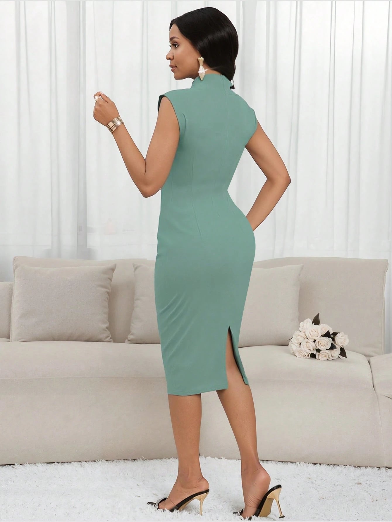 Lady Women Dark Green Twist Textured V Neck Bodycon Sleeveless Midi Dress Stretch Elegant Office Cocktail Dress Wedding Guest Party Date Night