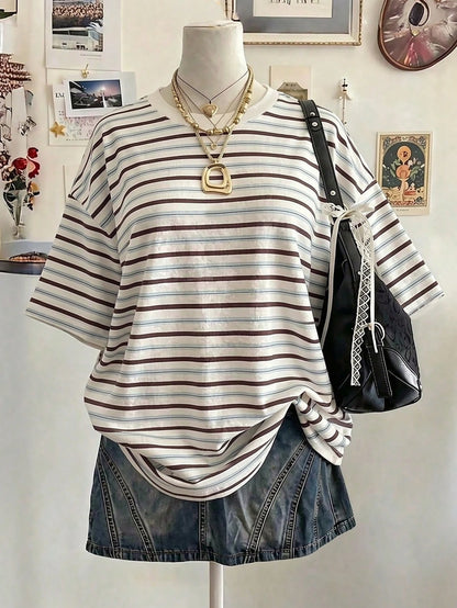 Lalippa Striped Digital Print Fashion Minimalist Women's Plus Size Long Round Neck Drop Shoulder T-Shirt, Friend's Gift